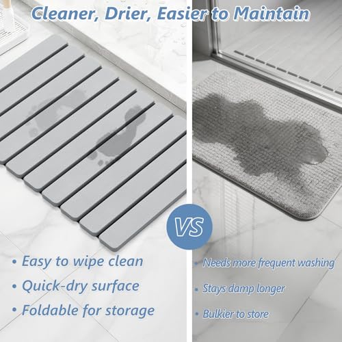 AWW Foldable Stone Bath Mat, Diatomaceous, 23.6"x15.5", Light Grey | Quick-dry surface, super absorbent, easy-clean finish, non-slip mat included, and compact storage for small bathrooms - color: Light Grey, size: 23.6" x 15.5"