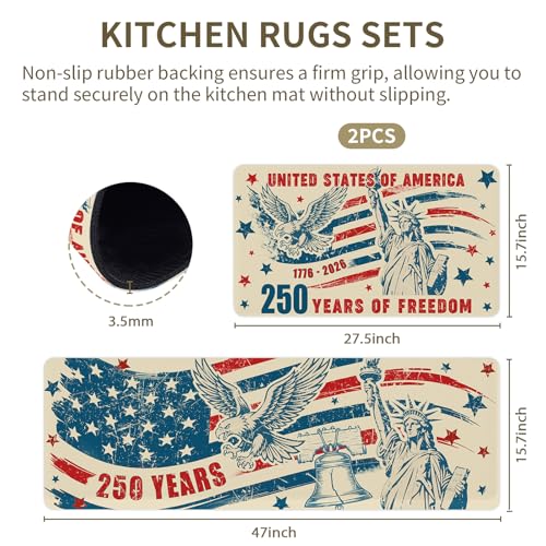 250th Anniversary Kitchen Rug Set, Patriotic Anti-Fatigue Mats with American Flag & 1776-2026, 2-Piece Non-Slip Washable Rubber Mats for Sink Laundry, 15.7"×27.5" & 15.7"×47" - color: 250th-1, size: 15.7×27.5+ 15.7×47