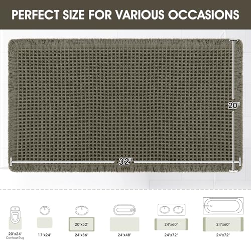 Upgraded Waffle Bath Mat, 32"x20" Greyish Green, Super Absorbent Non-Slip Quick Dry Bathroom Rugs with Tassels, Machine Washable Ultra Soft Boho Bath Rugs for Floor, Toilet Mats Boho Farmhouse Decor - color: Greyish Green, size: 1'8" x 2'8" (Rectangular)