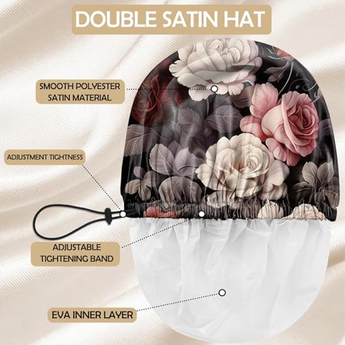 Shower Cap Adjustable Waterproof Double Layer Elastic Reusable Hair Bath Cap Cute Aesthetic for Women Girls-Rose - color: R8-Rose