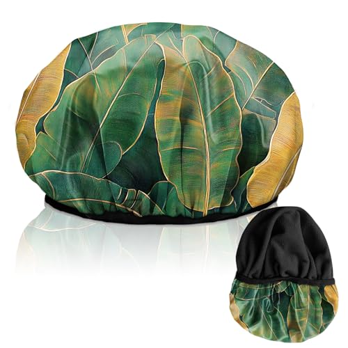 Luxury Shower Cap Terry Lined Reusable Triple Layer Waterproof Hair Elastic Caps Shower Bath Hat for Women Girls Cute Aesthetic-Leaf - color: AL17-Leaf