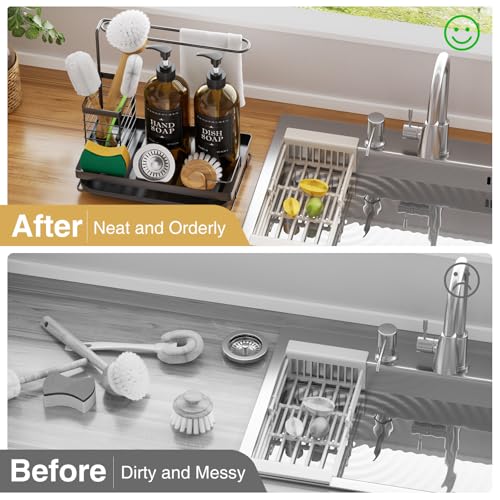 Kitchen Dish Soap Dispenser Set with 2 Pack 17oz Amber Glass Bottles - Rustproof Stainless Steel Organizer & Removable Tray - Farmhouse Soap and Sponge Caddy for Kitchen Sink Countertop Decor