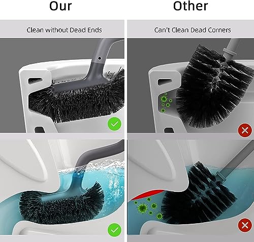 HAMITOR Toilet Bowl Brush Holder Set: Bathroom Deep Cleaning Toilet Cleaner Scrubber Under Rim with Curved Bristle for Dead Corner Clean - Hidden Rv Toilet Decorative Accessories with Caddy- Gray - color: B-gray, size: 1 pack
