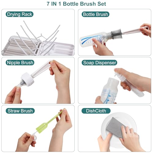 Baby Bottle Brush, 7 in 1 Travel Bottle Cleaner Kit with Soap Dispenser, Bottle Drying Rack, Dishcloths, Portable Essentials for Home and Travel-White - color: White