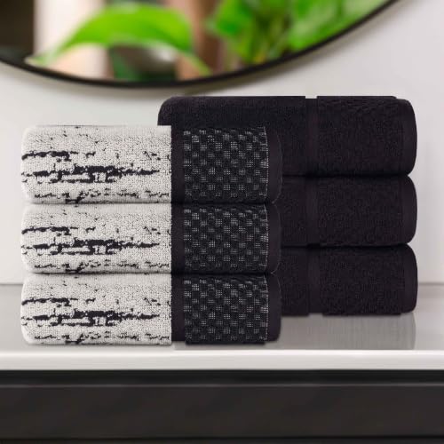 Superior Cotton Bathroom Towel Set, Plush Absorbent, 6 Piece, Black Ivory | Soft Quick Dry, Jacquard & Solid Pattern Assorted Towels, 6 Hand Towels for Bathroom Vanity and Counters, Lodie Collection - color: Black-ivory, size: Hand Towel 6 - Pack (Jacquar