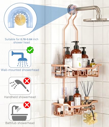Upgraded Extended Length Shower Organizer with Hooks, Rustproof Shampoo Soap Holder, Large Hanging Bathroom Caddy, Rose Gold - color: Rose Gold