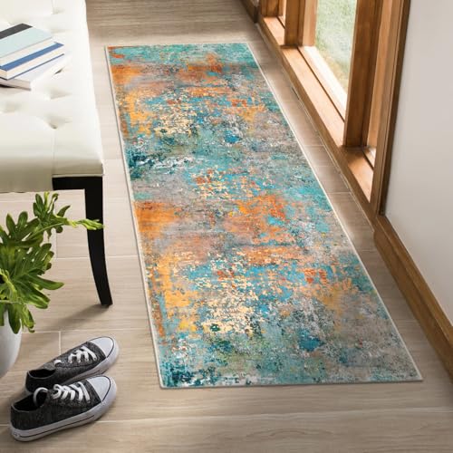 Lahome Modern Abstract Runner Rug - 2x6 Washable Hallway Rug Runner Soft Colorful Bedoom Carpet, Non-Slip Low Pile Contemporary Accent Mats for Kitchen Nursery Laundry Room - color: Rosy, size: 2' x 6'