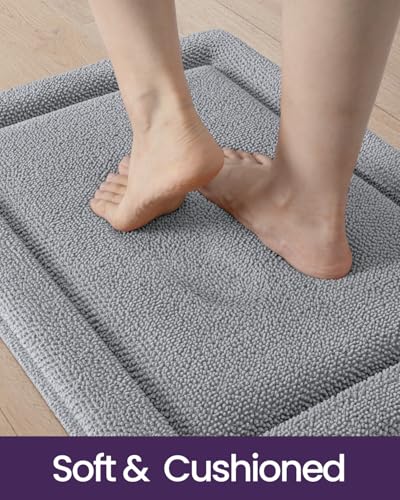 DEXI Memory Foam Bath Mat 24x17, Soft Absorbent Chenille Bathroom Rug, Non Slip Quick Dry Bath Mats for Bathroom, Thick Plush Floor Carpet for Tub Shower, Sink, Light Grey - color: Light Grey, size: 24" X 17" (Rectangular)