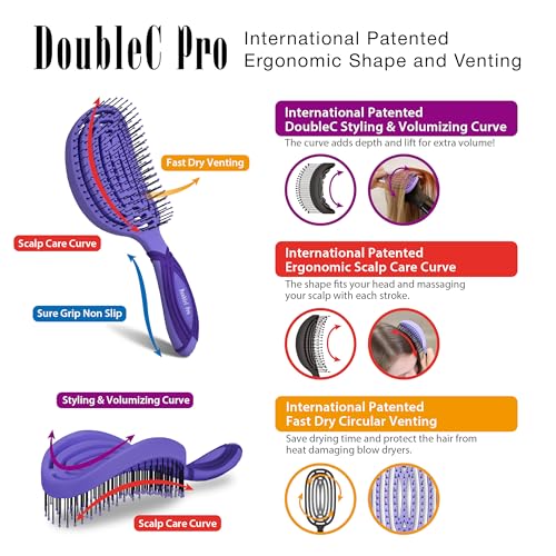 NuWay® DoubleC® Pro Professional Detangling Hair Brush – Patented Double Curve Scalp Care Brush for Gentle Detangling, Blow-Dry Styling & Wet or Dry Hair (Hyacinth) - color: Hyacinth
