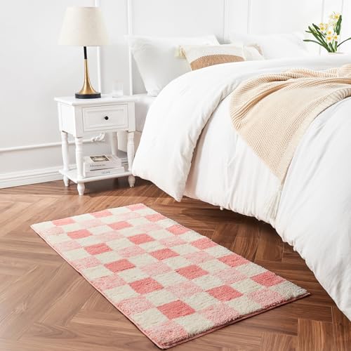 CozeCube Bath mats for Bathroom Non Slip, Fluffy Absorbent Microfiber Bath mat Washable, Aesthetic Bathroom Rugs, Cute Blossom Pink Checkered Bath mat, Blossom Pink, 32" x 20" - color: Checkered-blossom Pink, size: 2'8" x 1'8" (Rectangular)