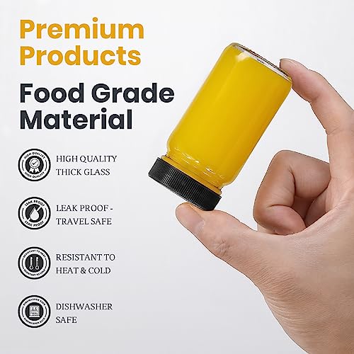 LANDNEOO 15 Pack 2 oz Glass Shot Mini Bottles w/Black Lids & 15 Labels - Small Clear Jar for Ginger, Wellness Shot, Juice, Sample, Whiskey - Travel Essentials - Wide Mouth, Leakproof, Dishwasher Safe - color: Black Lids, size: 2oz-15 pack