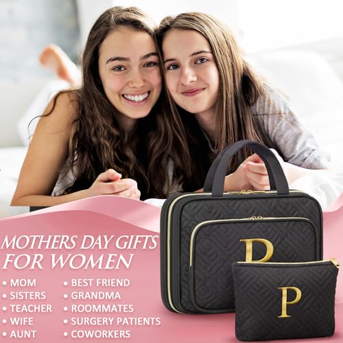 Gifts for Women, Initial Toiletry Makeup Bag Hanging Cosmetic Organizer with Embroidery Letter Personalized Nurse Teacher Appreciation Birthday Mothers Day Gifts for Mom Sister Wife Friends Auntie Her - style: P