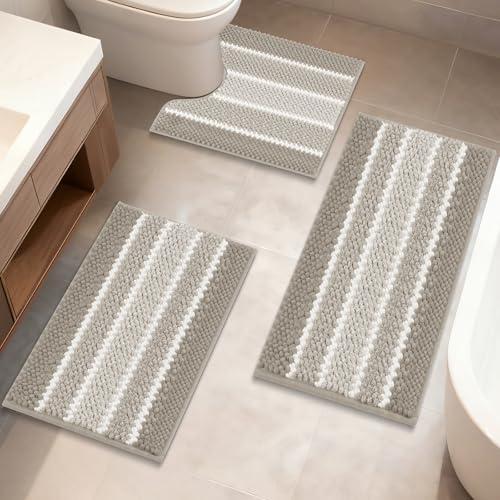 ArtyCozy Chenille Bathroom Rugs 3 Pieces, Extra Thick Absorbent Non Slip Bath Mats with U-Shaped Toilet Rug, Soft Plush Bath Floor Mat Machine Washable, Brown, 17"x24" Plus 20"x32" Plus 20"x24" - color: Brown, size: 17" × 24" + 20" × 32" + 20" × 24"