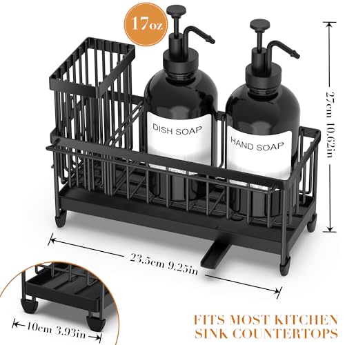 Kitchen Soap Dispenser Set with Sponge Holder and Towel Rack, 17OZ Glass Bottle, Hand and Dish Soap Dispenser Set, Non-Slip Silicone Pad, Brush Holder, Kitchen Sink Caddy Organizer Countertop (Black) - color: Black