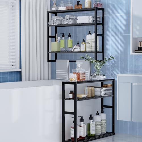 PPN Extra Large Towel Rack Bathroom Storage Shelves Over The Toilet with Towel Bar 100% Bamboo Adjustable Height Floating Shelf Wall Shower Shelf for Small Space Bathroom Kitchen Multi Usage - color: Black Extra Large