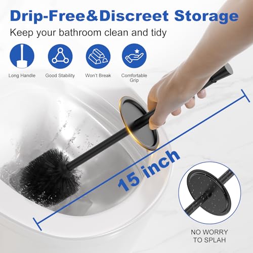 Toilet Brush and Holder Set：304 Stainless Steel Heavy Duty Toilet Bowl Brush，Removable Inner Bowl and Splash Protection，Bathroom Toilet Brush-Dense Bristles for Through Cleaning - color: Black