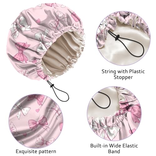 Luxury Shower Cap Silk Satin Lined Waterproof Reusable Adjustable Elastic Dry Hair Bathing Caps Cute for Women Girls-Pink Bowknot - color: C-6-Pink Bowknot