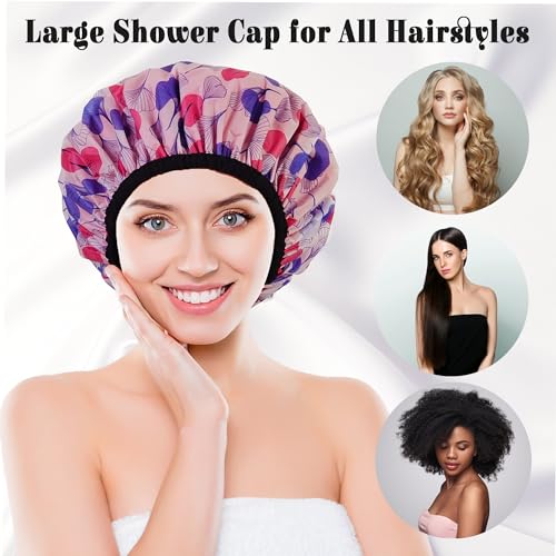 Shower Cap for Women, Shower Caps Reusable Waterproof, Large Plastic Satin Lined Shower Cap for Braids Long Hair - color: Morning glory