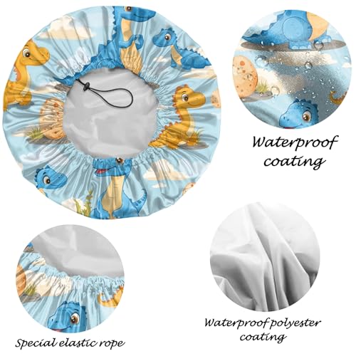 2 PCS Shower Cap Reusable Waterproof Adjustable Double Layer Elastic Dry Hair Bathing Caps Aesthetic Cute for Women Girls-Dinosaur Blue - color: H-14-Dinosaur Blue