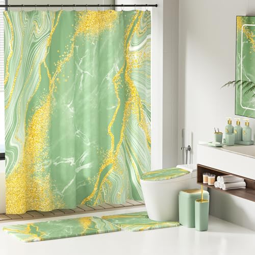 21PCS Bathroom Sets with Shower Curtain and Rugs Bathroom Accessories Set Dark Green Bathroom Set Complete with Trash Can, Toilet Brush, Qtip Holder & 3PCS Soap Dispenser - size: Bath Set+Marble Shower Curtain+Rugs, style: Dark Green