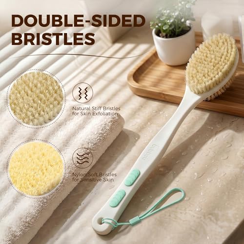 Back Scrubber for Shower with Long Handle,Green | Double Sided Bristles (Stiff & Soft), Anti-Slip Grip, Lightweight - Gift for Seniors, Includes Lanyard & Hook - color: Green