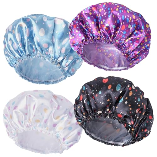 Shower Caps for Women, 4 PCS Elastic and Reusable Bath Caps, Double Layers Shower Cap Reusable Waterproof, Bathing Shower Caps, Environmental Bath Hair Protection Cap - Polka Dots - color: Polka Dots