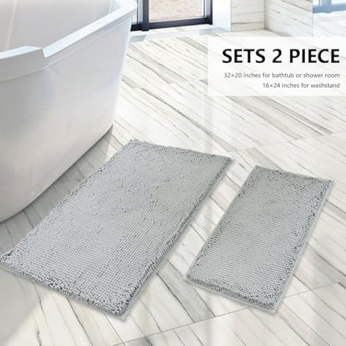 BOANKODU Bathroom Rugs Sets 2 Piece, Extra Soft Chenille Bath Mat Absorbent Bathroom Rug, Bathroom Mat with PVC Non-Slip Bottom, Machine Washable Bath Rugs (32x20 Inch + 24x16 Inch, Light Grey) - color: Light Grey, size: 16" x 24" + 20" x 32" (Rectangular
