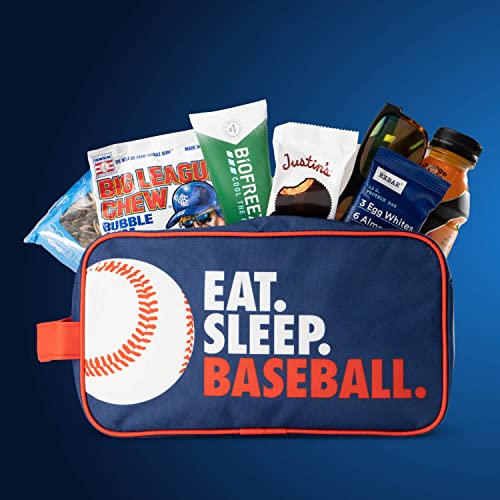ChalkTalkSPORTS Baseball Toiletry Bag - Eat Sleep Baseball - Navy Blue | Polyester, Center Zipper, Side Handle, 11 x 6 x 5 Inches, Sports Camp Bag, Pencil Case, Dopp Kit, Baseball Gift - color: Eat Sleep Baseball