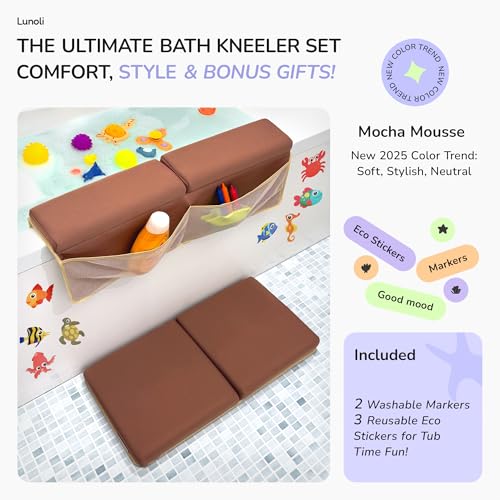 Baby Bath Kneeler and Elbow Rest Pad Set, Mocha Mousse, 1.8 Inch Memory Foam Cushion for Parents, Waterproof Kneeling Pad with 6 Suction Cups, 4 Mesh Pockets, Reusable Markers & Eco Stickers