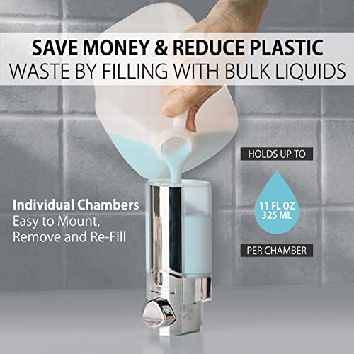 Better Living Products 76345 AVIVA Three Chamber Dispenser, Chrome | 3 Chamber, Shower Dispenser for Bathroom, Built-in Hooks, No Drill, Waterproof Shampoo Soap Dispenser Pump - color: Chrome, size: 3-Chamber
