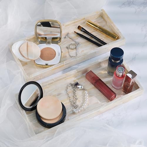 PEMAR Set of 2 Mother of Pearl Bathroom Tray for Counter, 11" Wooden Vanity Tray for Perfume Makeup Kitchen Sink Countertop Organizer, Toilet Tank Tray, Valet Tray (White Tiles) - color: White Tile