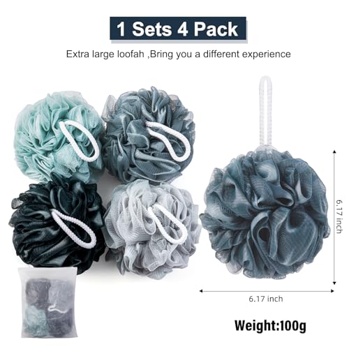 MTDLYICE Loofah Sponge XXL-100g 4 Pack, Bath Sponge Soft Mesh Shower Puff Loofah for Men, Exfoliating Body Scrubber for Women, Shower Accessories (Blue Gray) - style: 100g Blue Gray