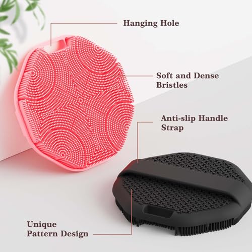 Manmihealth Soft Silicone Body Scruuber 4 PCS, Upgrade Gentle-Cleansing Shower Brush with Non-Slip Hand Strap, Exfoliating Silicone Loofah with Soap Bag (Black+Pink) - color: Shower Brush (Black+pink)
