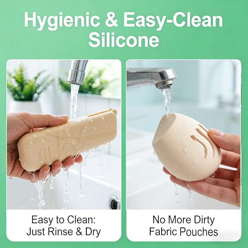 Large Silicone Makeup Brush Bag and Sponge Holder Set, Portable Snap Closure Cosmetic Bag, Soft Reusable Cosmetic Display Case for Travel Daily Use (Khaki) - color: Khaki