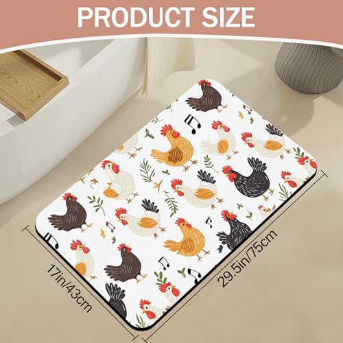 Non Slip Bath Mat, Chickens Roosters Bathroom Decor, Leaves Music Notes Diatomaceous Bath Mat Quick Dry Absorbent Bathroom Rugs-Shower Rug for Kitchen Laundry Bathtub Shower 17"x29.5" - color: Chickens Roosters, Leaves Music Notes
