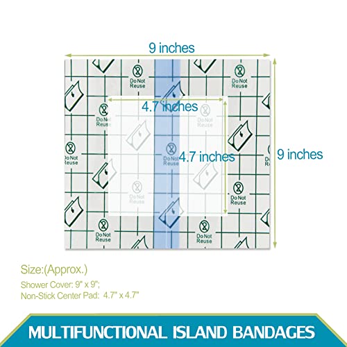 Waterproof Shower Protector Large Cover Shields with Non-Stick Center Pad for PICC Central Line Peritoneal Dialysis Chest Port Feeding Tube PD Catheter Accessories Bandages Women Men 9"x9"(Pack of 25) - size: 9 x 9" with Island Dressing (Pack of 25)