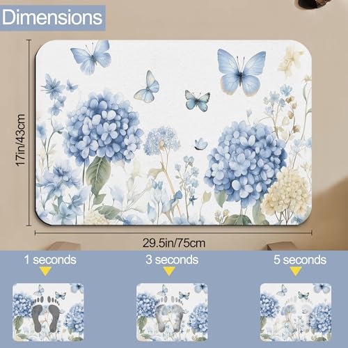 Blue Hydrangea Flower Bath Mat,Fast Drying Spring Butterfly Bathmats for Bathroom, Non Slip Soft Diatomaceous Bath Rug Bathroom Accessories Thin Doormat for Home Kitchen 17 X 29.5 Inch - color: Blue Hydrangea Flower