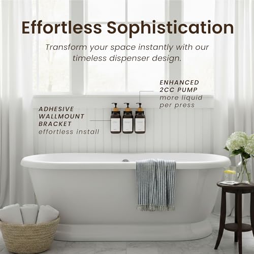 Shampoo and Conditioner Dispenser Wall Mounted Set of 3 Amber Bamboo - No Drill Shower Soap Dispenser for Bathroom Refillable - Spa Hotel Style Accessories by MaisoNovo | 500 ml Shower Gel Dispenser Set of 3. Refillable Shampoo and Conditioner Bottles. Dr