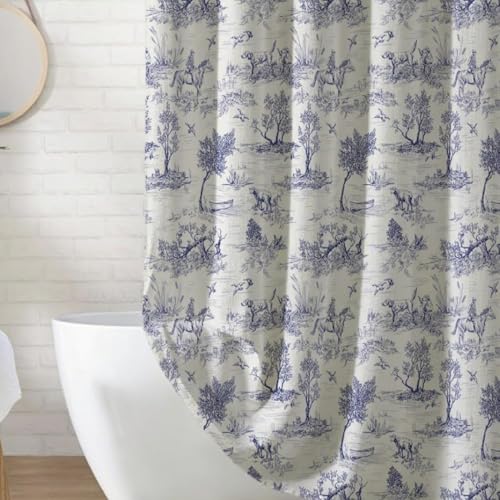 MUGINYU French Toile de Jouy Shower Curtain Linen 72x72 - Blue Countryside Landscape with Sheep, Dogs, Trees, Farmhouse Bath Decor - color: Toile De Jouy Dog