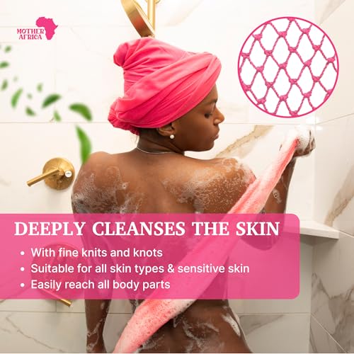 MOTHER AFRICA African Net Sponge Authentic with Knots 2 Pack Black Owned Exfoliating Body Scrubber Bath Sponge for Shower Washcloth Loofah Gentle Deep Cleansing Back Scrubber Face & Body Men & Women - color: Purple & Bright Pink