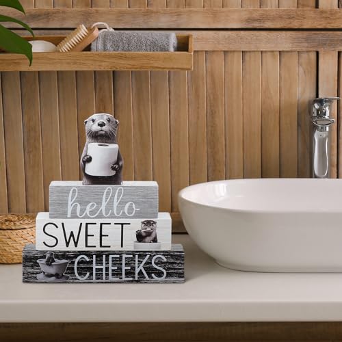 Cinnvoice 4 Pcs Otter Bathroom Decor Farmhouse Bathroom Decoration Western Hello Sweet Cheeks Table Centerpiece Gift for Christmas Valentines Back to School - style: Otter