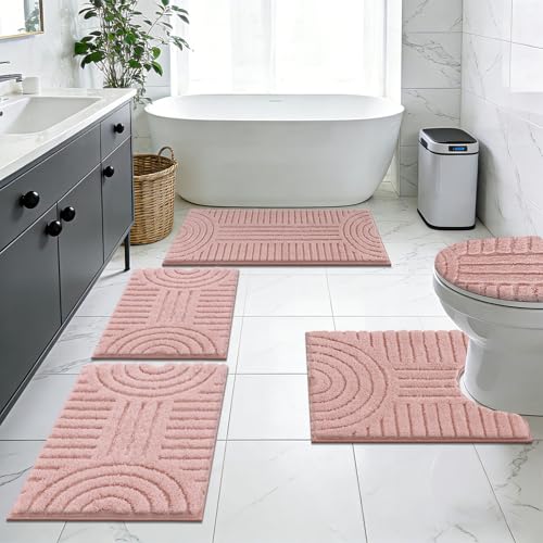 SHACOS Bathroom Rugs Sets 5 Piece Ultra Soft Absorbent | Microfiber Bath Mat with Bath Runner, U Shape Contour Rug, Toilet Lid Cover, Non Slip Machine Washable Carpet, Grey Pink - color: Grey Pink