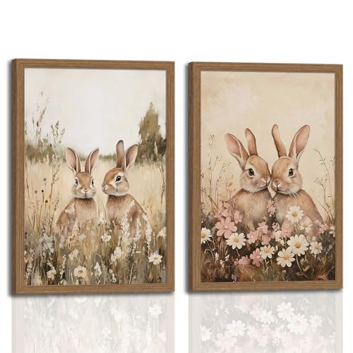 Framed Easter Bunny Wall Art Canvas Print Vintage Bunny Paintings Canvas Wall Art Prints Posters Pictures Gallery Artwork for Living Room Bedroom Nursery Farmhouse Home Decor 16x24in Ready to Hang - color: Two rabbits, size: 16x24 inches