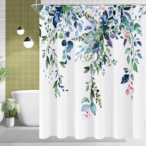 Eucalyptus Shower Curtain, Watercolor Green Leaves Plant Floral Spring Nature Waterproof Fabric Machine Washable with Hooks for Bathroom Bathtub 60Wx72H - color: Blue Green, size: 60"W x 72"L (Pack of 1)