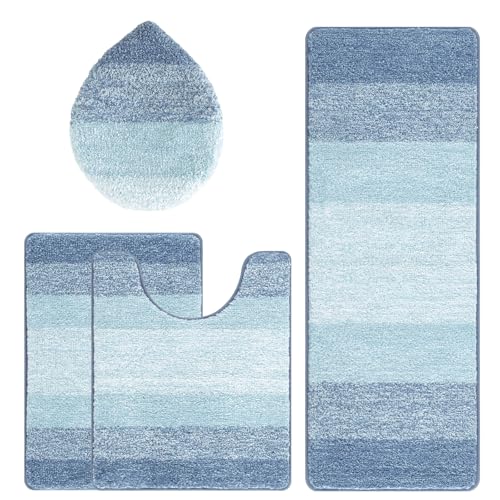 Bsmathom Bathroom Rug Set Bath Rugs Microfiber Non Slip Bathroom Set 4 Piece with Toilet Cover, Washable Absorbent Bath Mat, Dusty Blue - color: Dusty Blue, size: 18"x26"+18"x48"+U20"x24"+Cover19"x21"