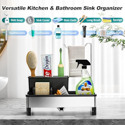 Ewaiira Sponge Holder for Kitchen Sink, Stainless Steel Sink Caddy with Brush Holder & Dishcloth Rack, Countertop Sink Organizer, Soap Dispenser Kitchen Organizers Storage Essentials (D-Black 9.8″) - color: D-black