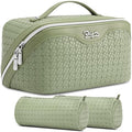 BOYATU Travel Makeup Bag Cosmetic Bags for Women: Large Capacity 3 Pcs Set Make up Bag with Compartments - Waterproof Vegan Leather Toiletry Organizer Bags with Handle (L51Grass Green) - color: L51Grass Green