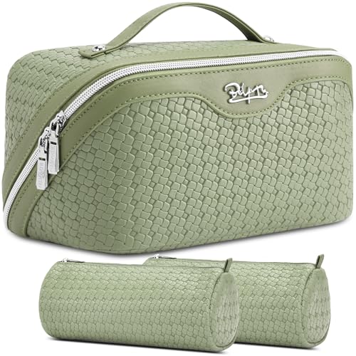 BOYATU Travel Makeup Bag Cosmetic Bags for Women: Large Capacity 3 Pcs Set Make up Bag with Compartments - Waterproof Vegan Leather Toiletry Organizer Bags with Handle (L51Grass Green) - color: L51Grass Green
