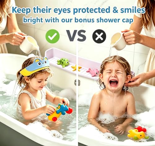 Bathtub Splash Guard for Kids, 2-in-1 Bath Toy Organizer Tub Shelf | Stops bathtub splashes, Keeps floors dry, 11 strong suction cups, Flexible safe silicone, Bonus kids shower cap - color: grey