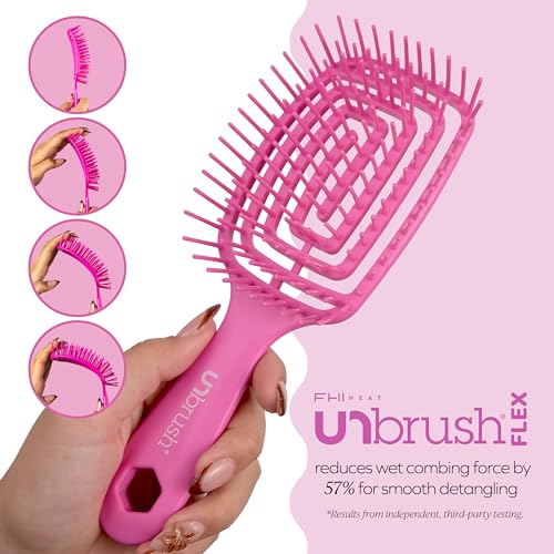 FHI Heat UNbrush Flex Detangling Brush — Ultra-Flexible, Pain-Free Hair Brush Detangler with DuoFlex Anti-Static Bristles for Removing Tangles, Massaging Scalp & Faster Styling - color: Pink